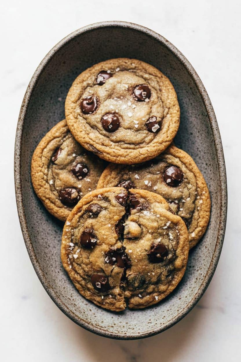 A stack of finished Favorite Browned Butter Chocolate Chip Cookies.