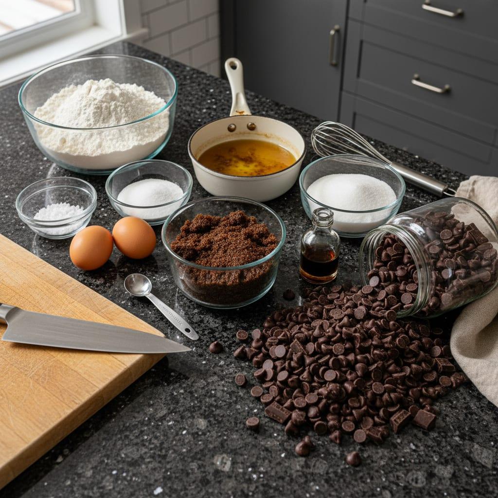 Standard chocolate chip cookie ingredients like butter, sugar, and flour prepared on a counter.
