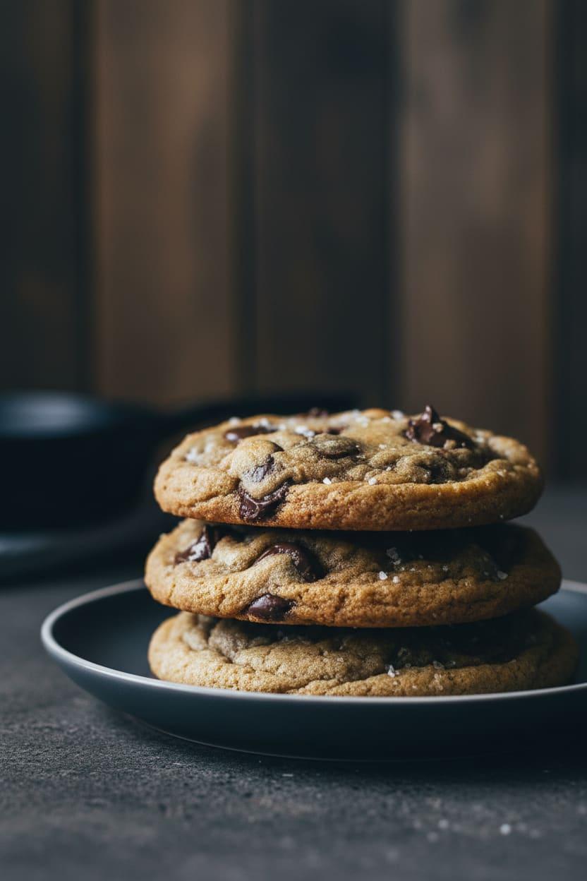 Close up of a finished browned butter chocolate chip cookie with melty chocolate chips.