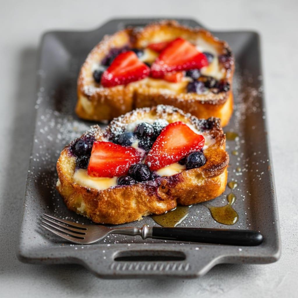 A plate of Custard Yogurt Toast with strawberries and blueberries on top.