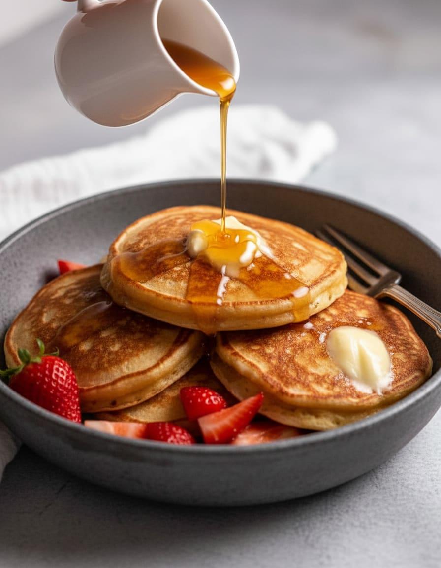 Ricotta Pancakes with maple syrup and strawberries