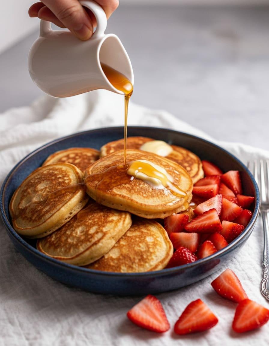 Fluffy ricotta pancakes stacked on a plate with maple syrup pouring over them